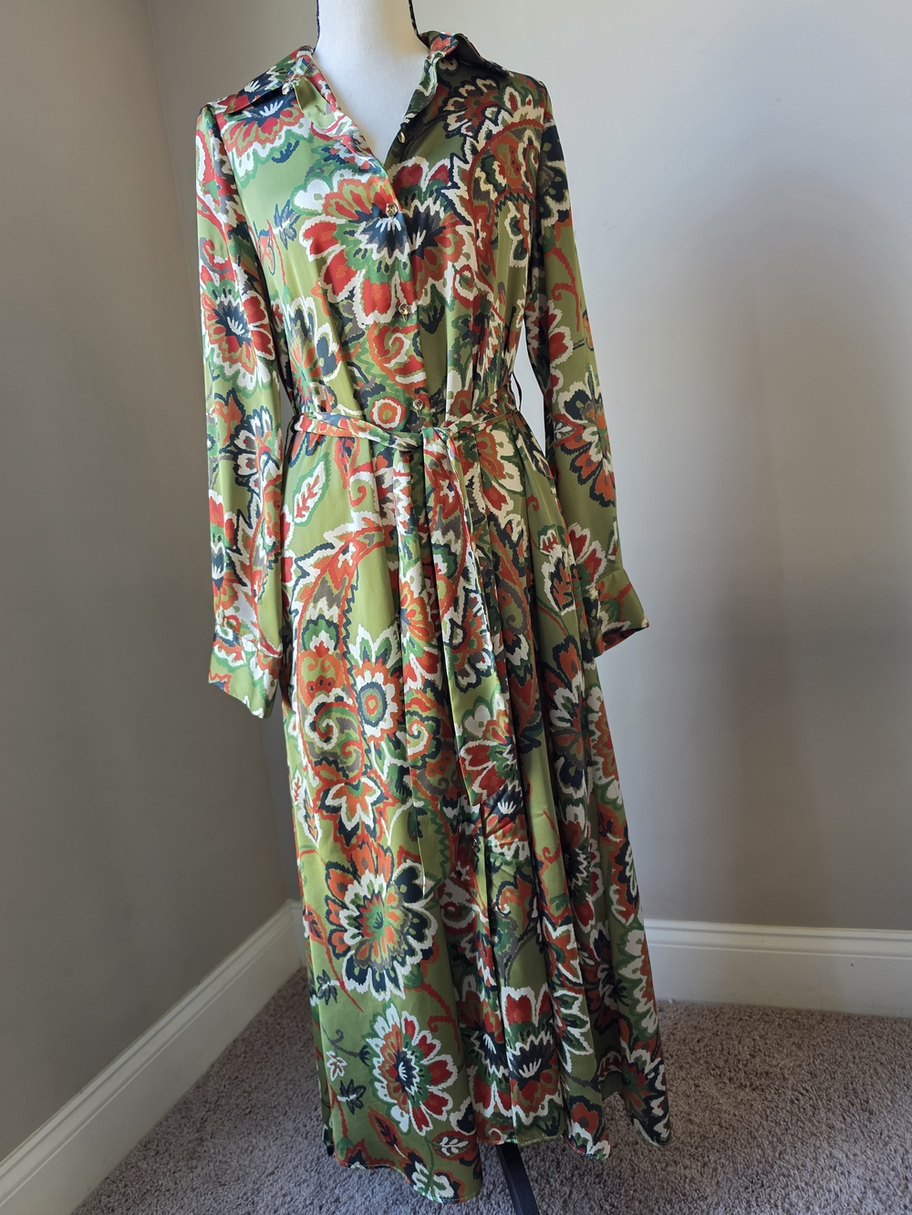Zara Olive Green Floral Printed Satin Midi Shirt Dress Belted XS